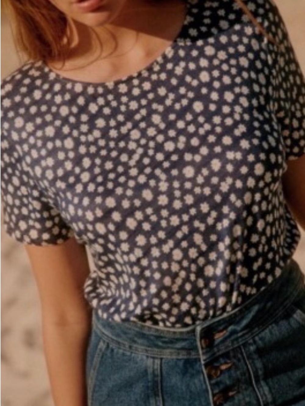 Sezane Shirt Andre Navy Blue Floral Short-Sleeve Tee